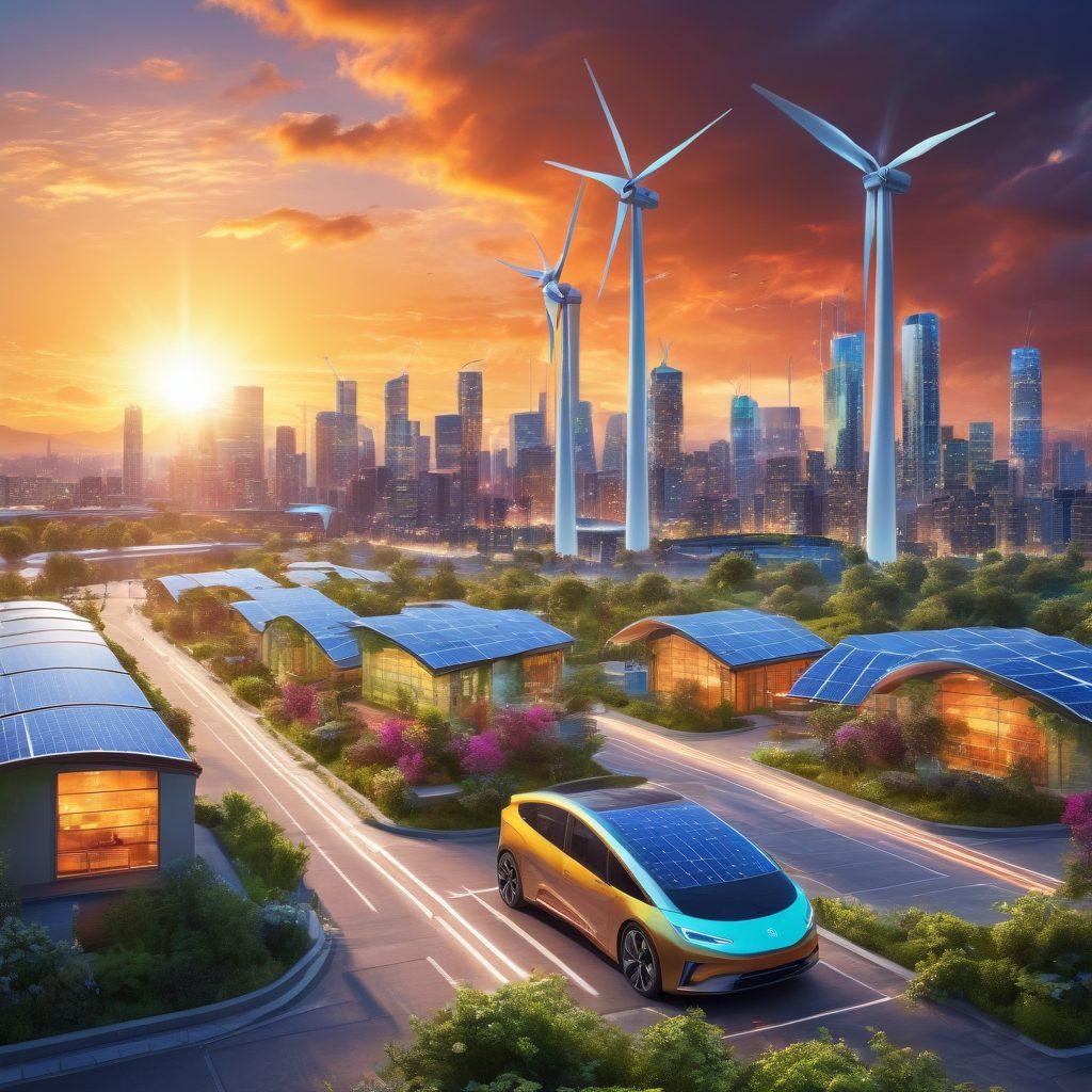 A futuristic city skyline powered by renewable energy sources, featuring solar panels, wind turbines, and green rooftops. The sky is filled with vibrant colors of a sunset, casting a warm glow over the landscape. People are using electric vehicles, and lush greenery is integrated throughout the city. Dynamic charts and graphs visually represent growth in renewable resources, emphasizing innovation and hope. super-realistic. vibrant colors. 3D.
