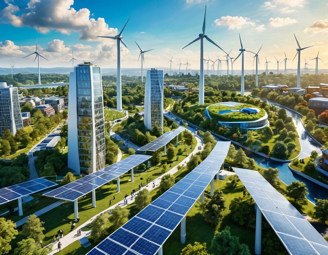 A futuristic cityscape powered by renewable energy, showcasing wind turbines, solar panels, and green rooftops, with diverse community members collaborating in the foreground. They are engaging in discussions and sharing ideas, surrounded by lush greenery and modern architecture. The sky is clear and bright, symbolizing hope and innovation. super-realistic. vibrant colors. 3D.