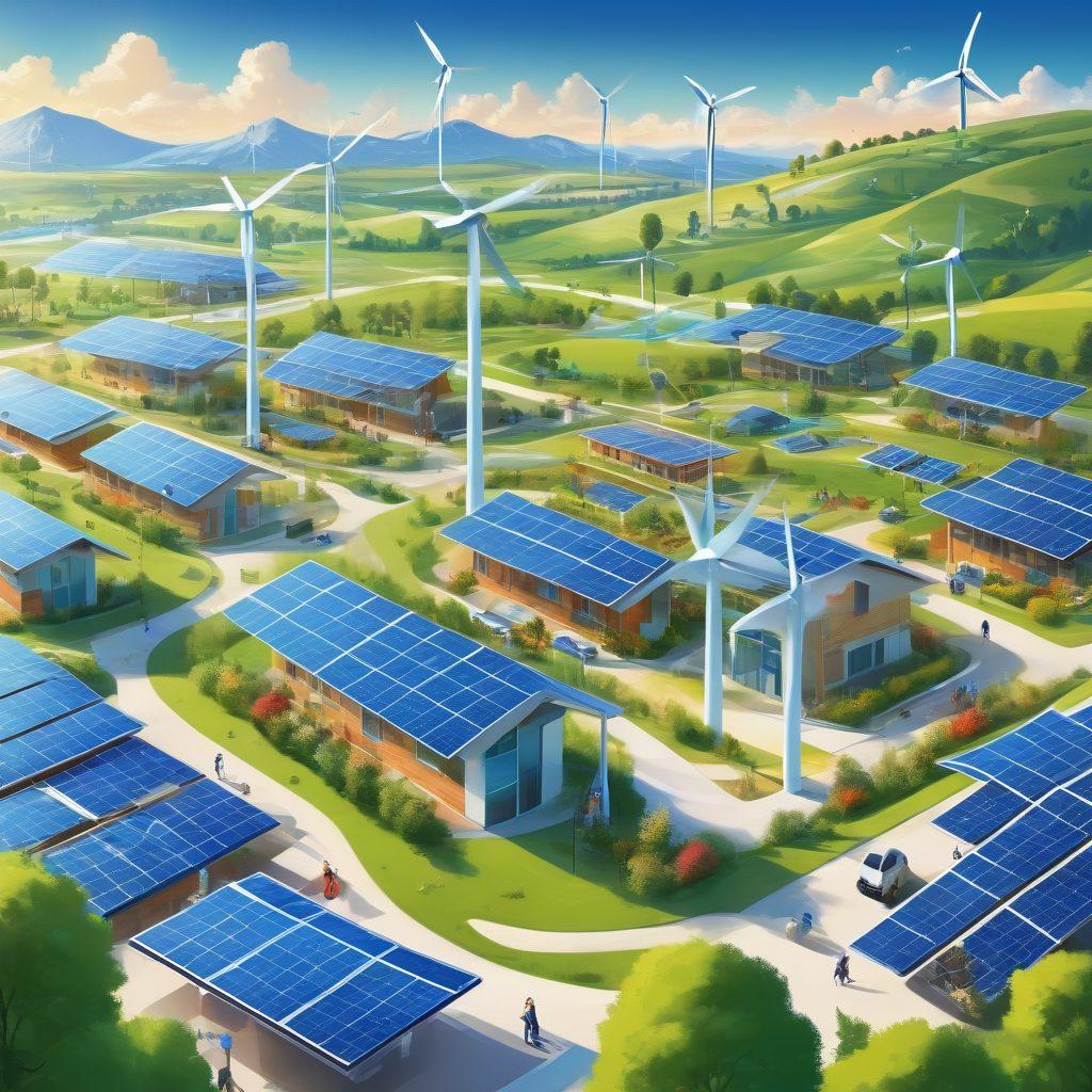 A vibrant community scene showcasing diverse people collaborating, surrounded by green landscapes and solar panels. Incorporate elements of smart technology, like wind turbines and electric vehicles. Highlight innovative buildings with greenery integrated into their designs, symbolizing sustainability. The atmosphere should radiate hope and progress, with a bright blue sky above. vector art. vibrant colors.